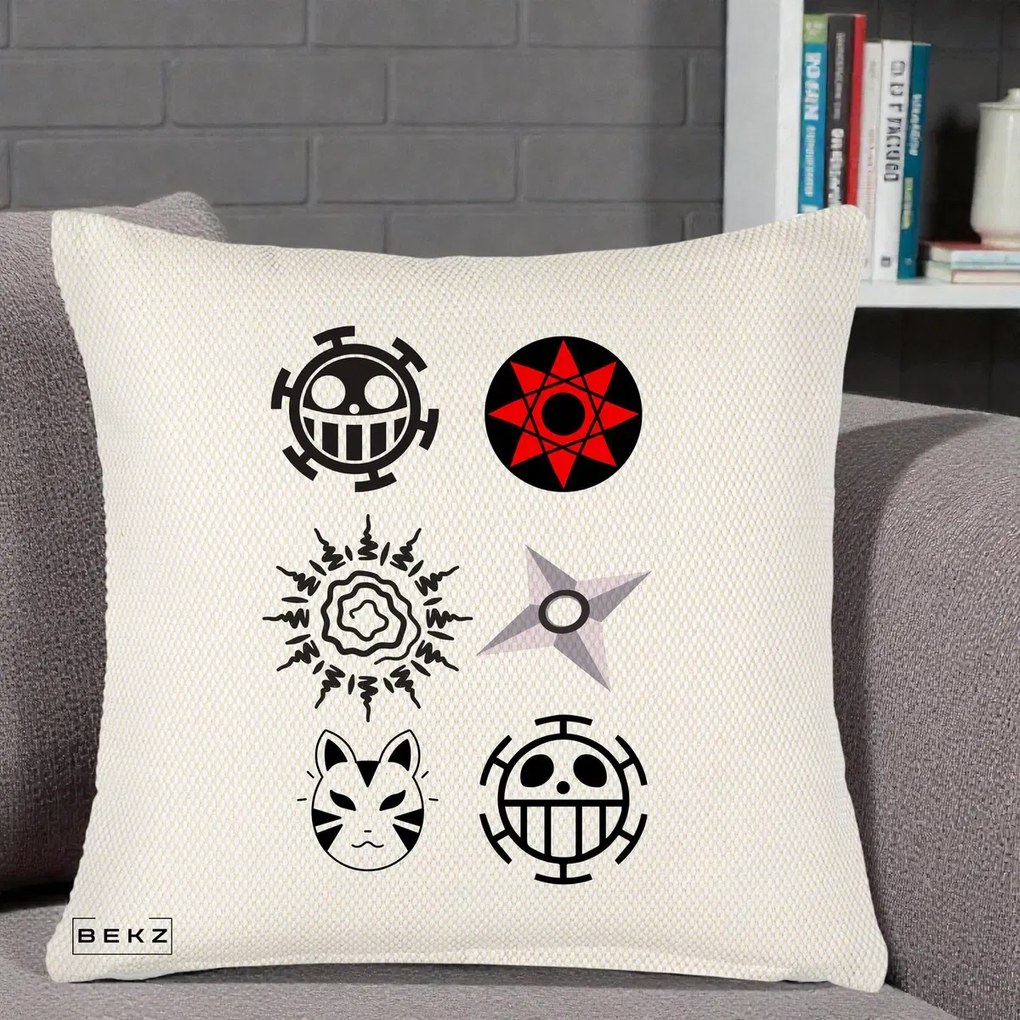 Perna Personalizata Simboluri Anime Mix - Naruto One Piece, 40x40 cm, Crem Reliefat, Husa Detasabila, Perna Inclusa, BEKZ®