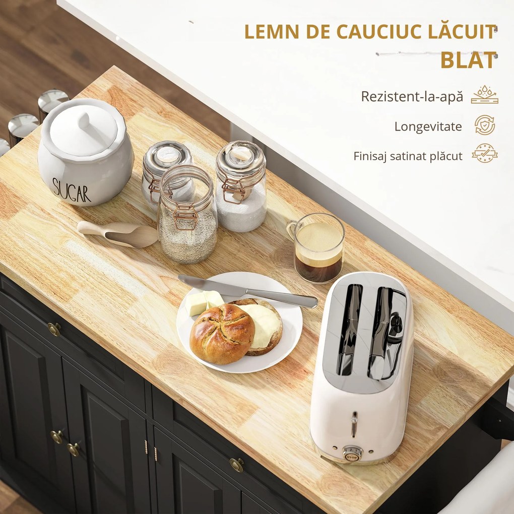 HOMCOM Insula de bucatarie pe roti, carucior rulant cu blat din lemn de cauciuc, suport pentru condimente | Aosom Romania