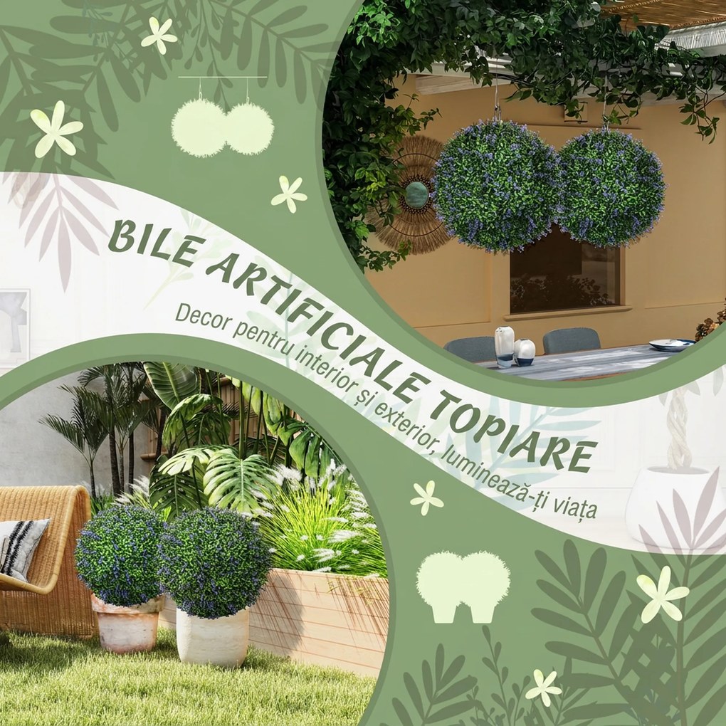 HOMCOM Set de 2 Plante Artificiale Sferice cu Flori de Lavandă, Ø42 cm, Violet | Aosom Romania