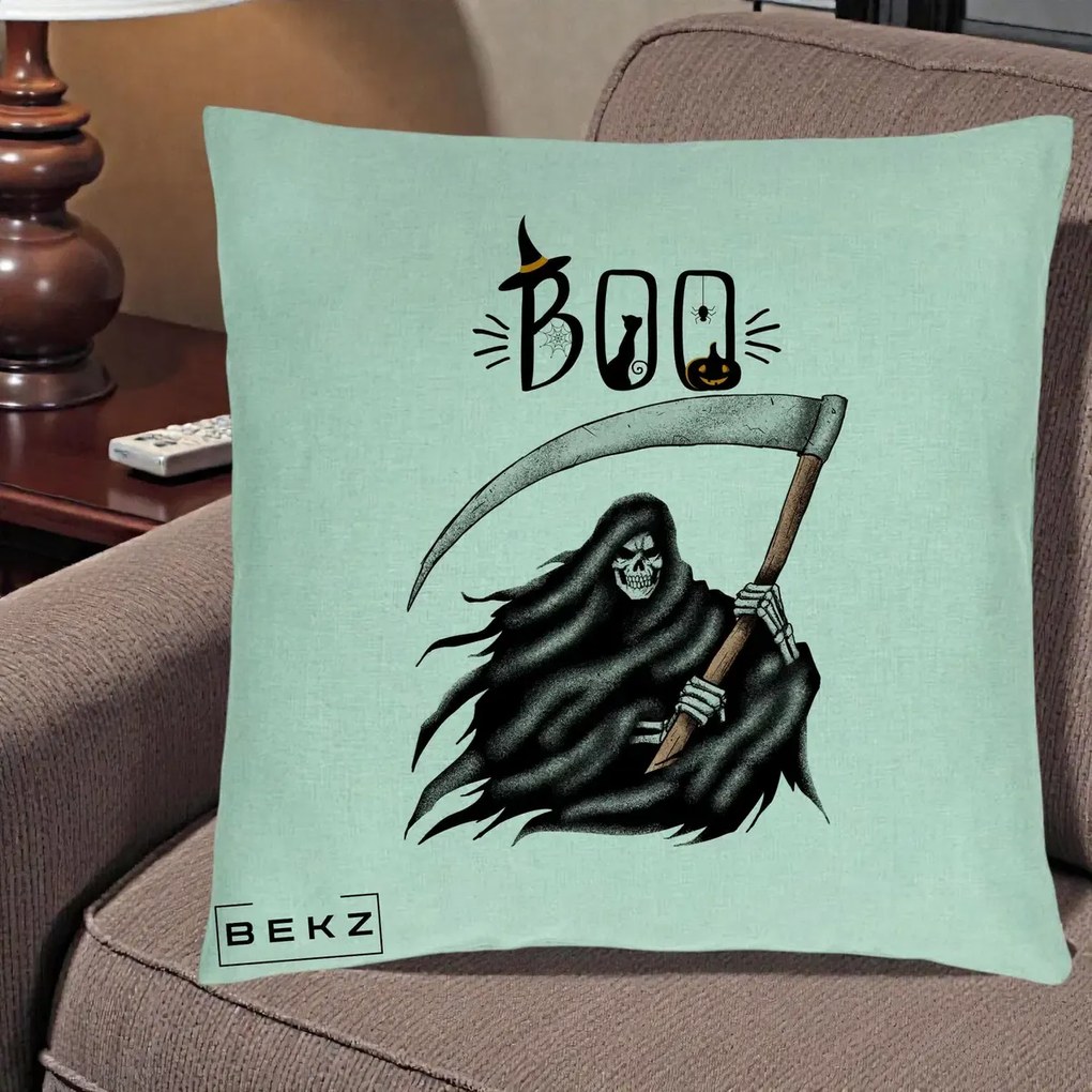 Perna Decorativa Halloween Boo Grim Reaper cu Coasa, 40x40 cm, Verde Menta, Husa Detasabila, Perna Inclusa, BEKZ®