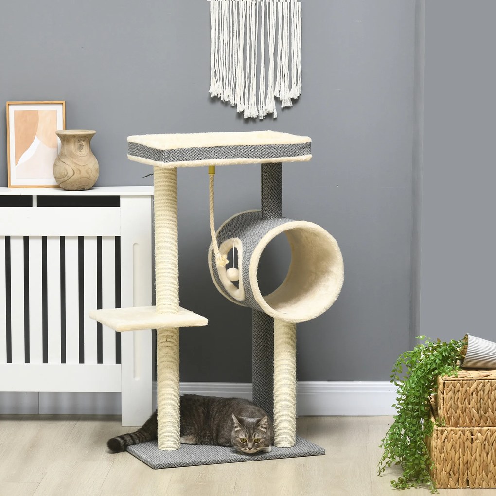 PawHut Copac zgâriat Katzenbaum, 1 cuib pentru pisici, 2 zone de odihnă, 60 cm x 40 cm x 104 cm, Gri + Natural | Aosom Romania