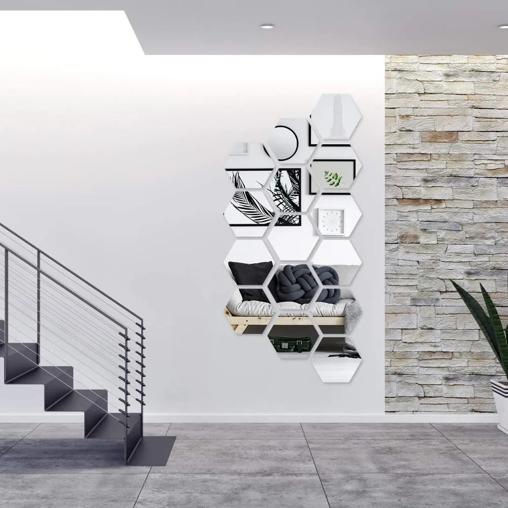 Set 12 autocolante oglindă de perete Ambiance Hexagonal Mirror, 20 x 17 cm