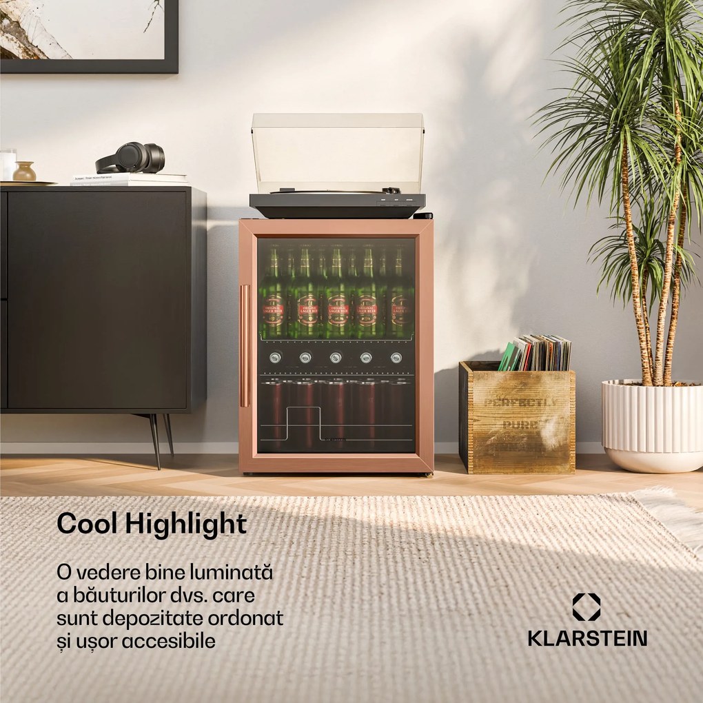 Klarstein Beersafe frigider pentru băuturi cu ușă de sticlă | 64 x 48 cm | 60 litri | 85 W | Cupru/Negru