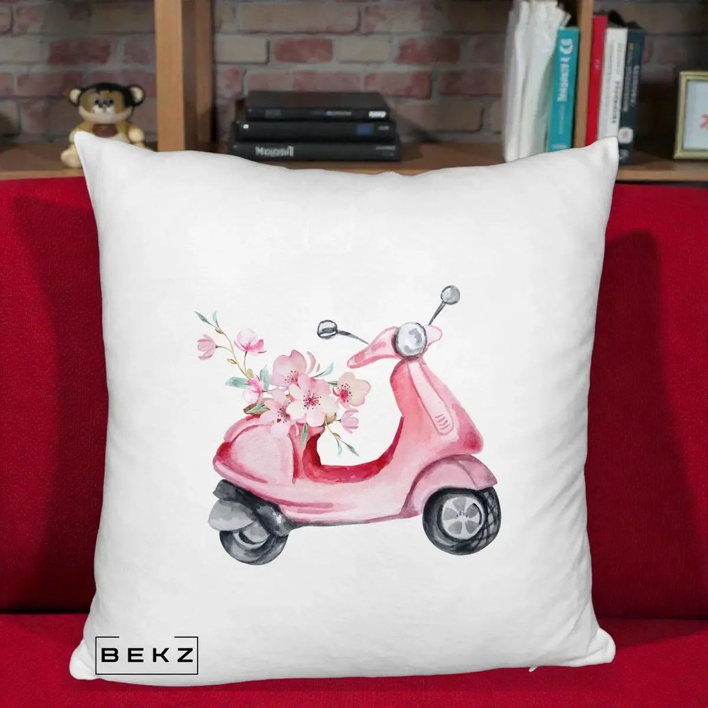 Perna Decorativa Scuter Roz cu Flori Acuarela, 40x40 cm, Alb Pufos, Husa Detasabila, Perna Inclusa, BEKZ®
