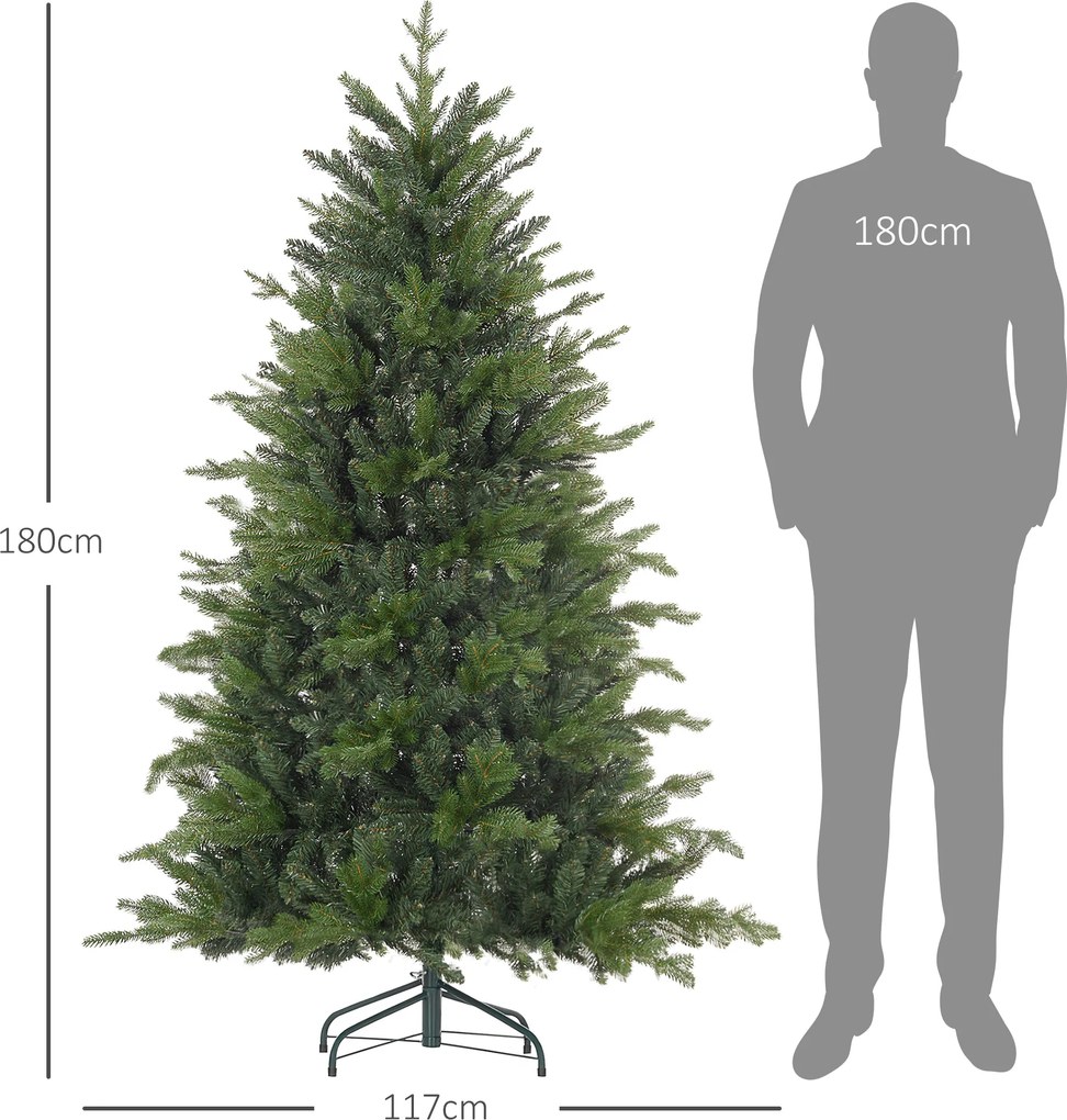 HOMCOM Brad de Crăciun Artificial cu 1821 Crengi, Brad de Crăciun Pliabil cu Bază Metalică, Ø117x180 cm, Verde | Aosom Romania
