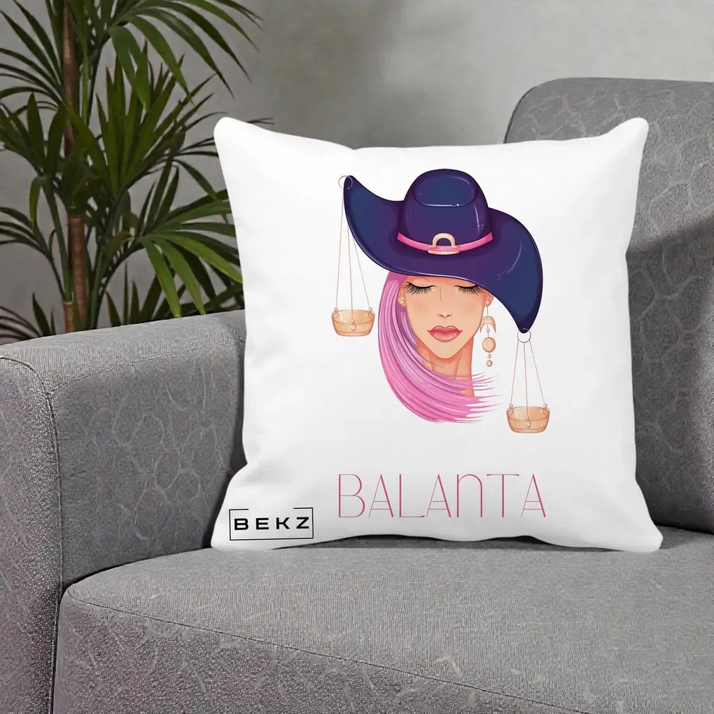 Perna Personalizata Zodiac Balanta Cowgirl, 40x40 cm, Alba Mata, Husa Detasabila, Perna Inclusa, BEKZ®