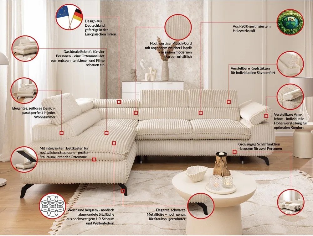 Colțar bej cu tapițerie din catifea reiată (cu colț pe partea stângă/în formă de ”L”) Marbeya – Ropez