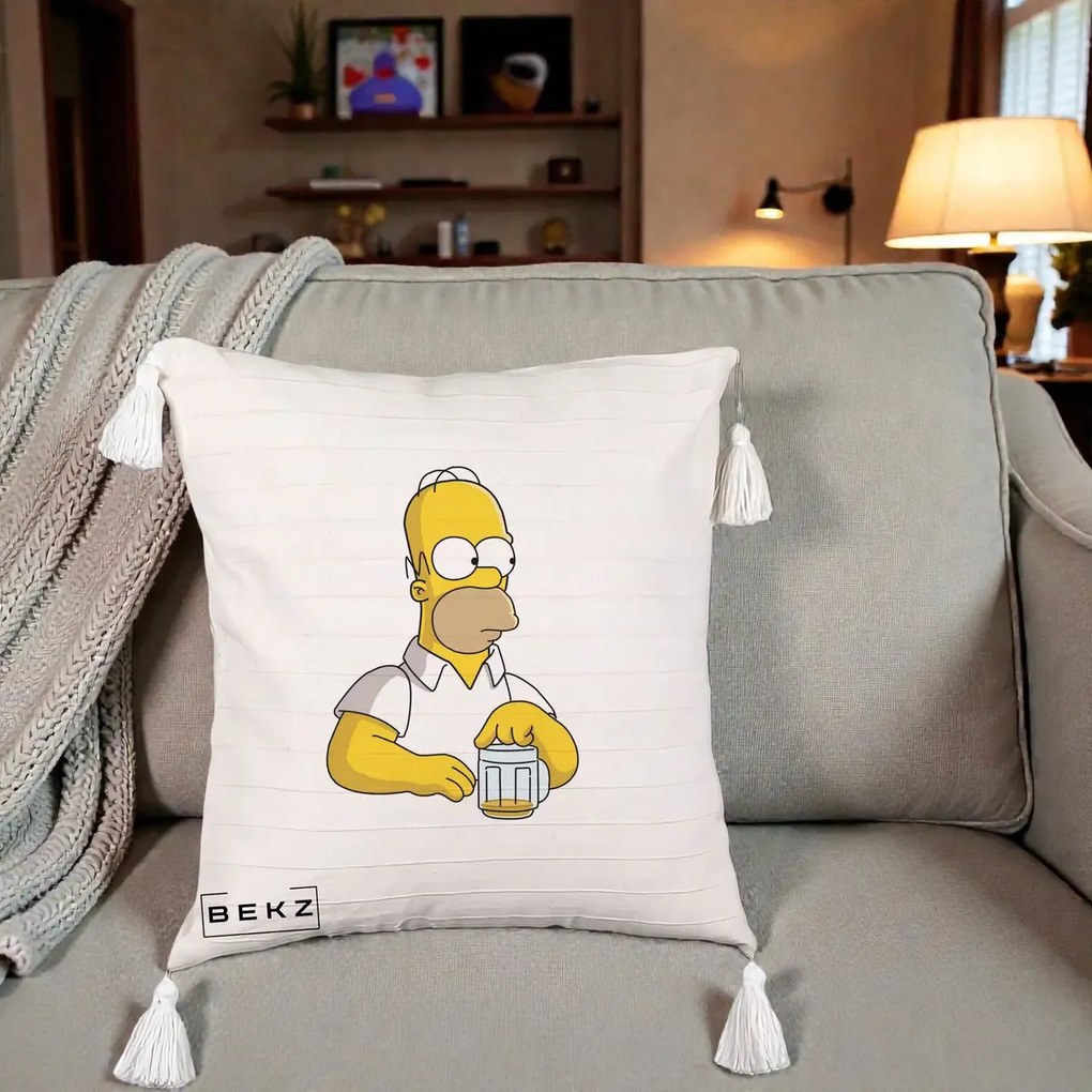 Perna Personalizata Homer Simpson cu Bere, 40x40 cm, Bej cu Franjuri, Husa Detasabila, Perna Inclusa, BEKZ®