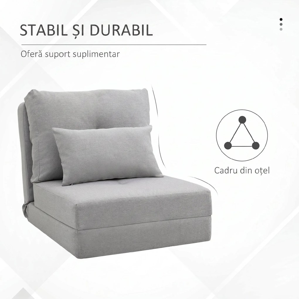 HOMCOM Fotoliu Pat 3 în 1 Convertibilă în Șezlong și Divan de Pe Podea cu 2 Perni, Gri Deschis | Aosom Romania