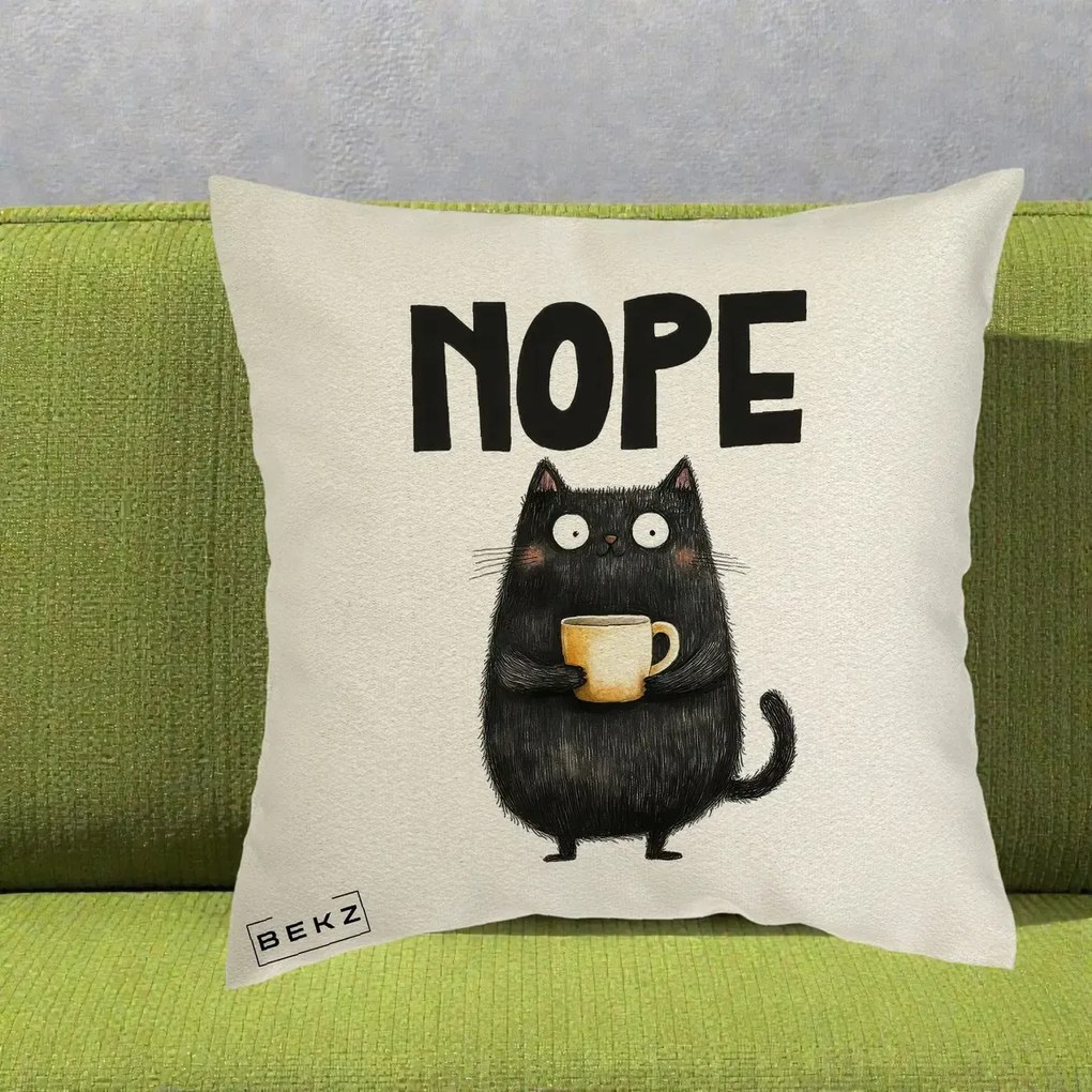 Perna Decorativa NOPE Pisica Neagra Cafea, 40x40 cm, Ecru, Husa Detasabila, Perna Inclusa, BEKZ®