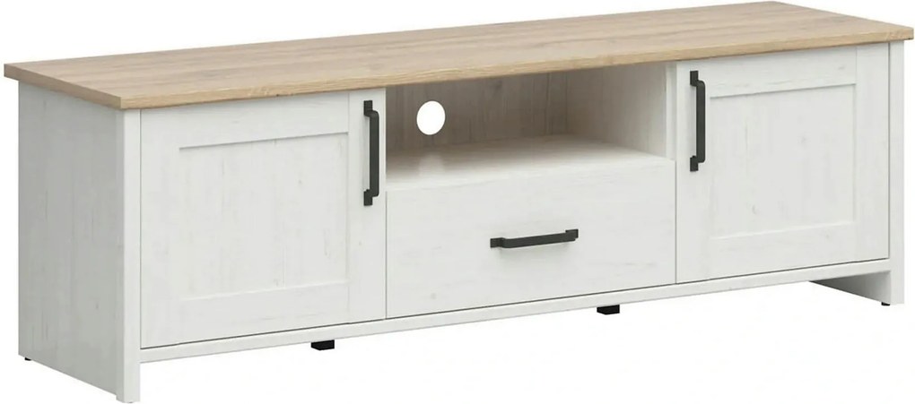Comoda TV LOKSA, alb/stejar, PAL laminat, 160x44x51 cm