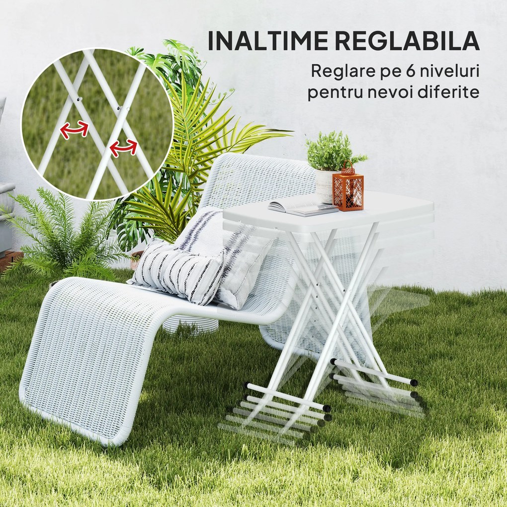 Outsunny Măsuță de Cafea Pliabilă, Reglabilă pe Înălțime și Portabilă, cu Blat HDPE și Cadru Metalic, 76x50x74 cm, Alb | Aosom Romania
