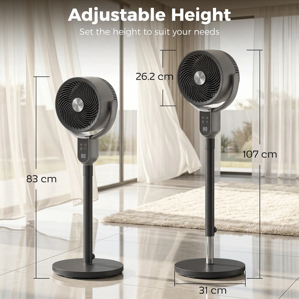 HOMCOM Ventilator pe stativ cu 8 viteze cu Telecomandă, Display LED, Timer 12H, Înălțime reglabilă, Gri | Aosom Romania