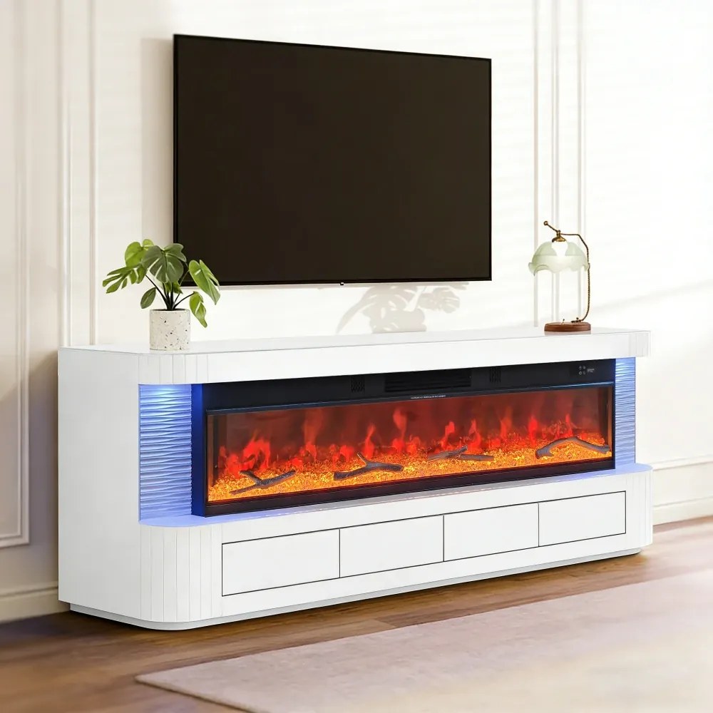 Șemineu Electric cu Flacără LED în 7 Culori, Comodă TV, Încălzire, Bluetooth, Difuzoare Integrate, Iluminare LED Ambientală, Telecomandă, MDF, Finisaj Alb Oglindă