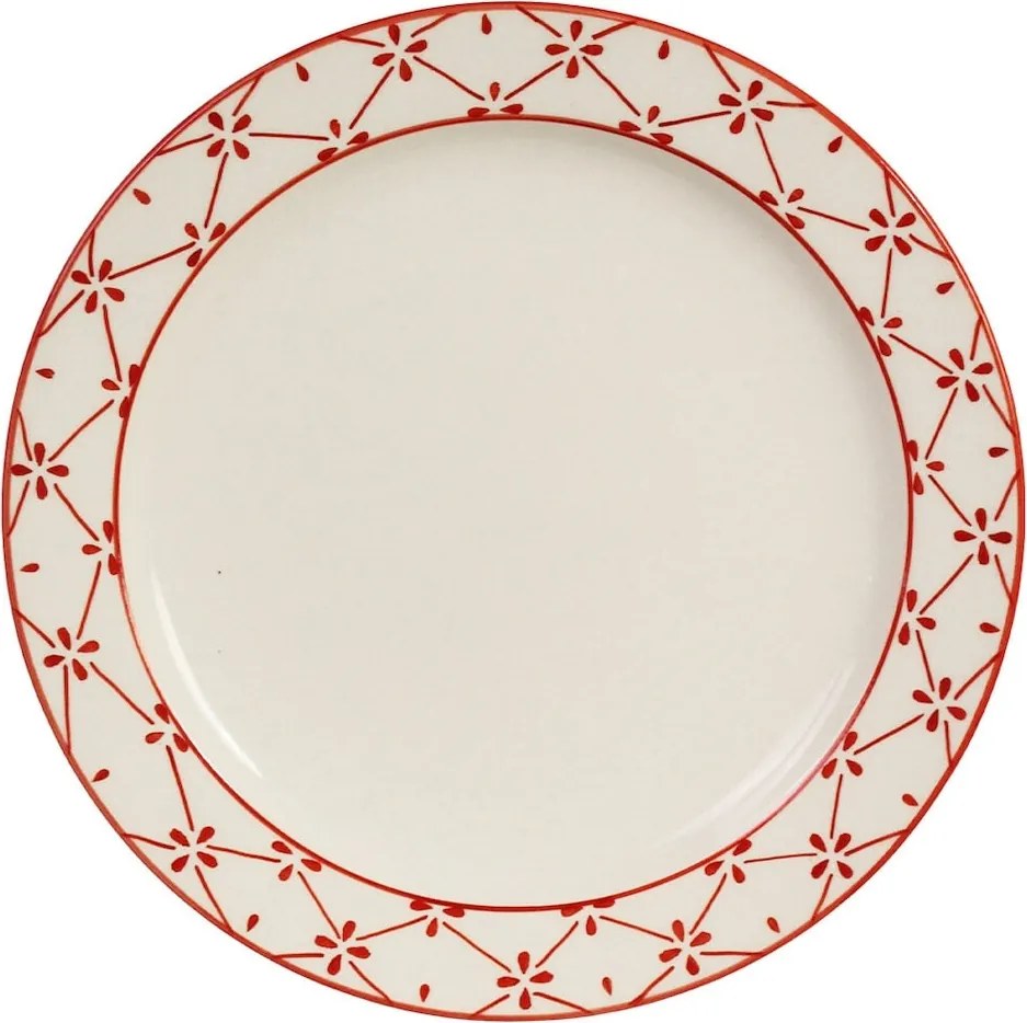 Farfurie din ceramică artizanală natur, cu motive florale pictate manual roșu și bordură decorativă, 26 cm, „Marion Clover"