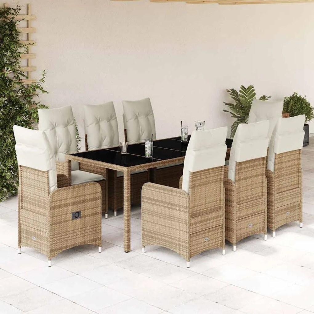 vidaXL Set bistro de grădină, 9 piese, cu perne, bej, poliratan
