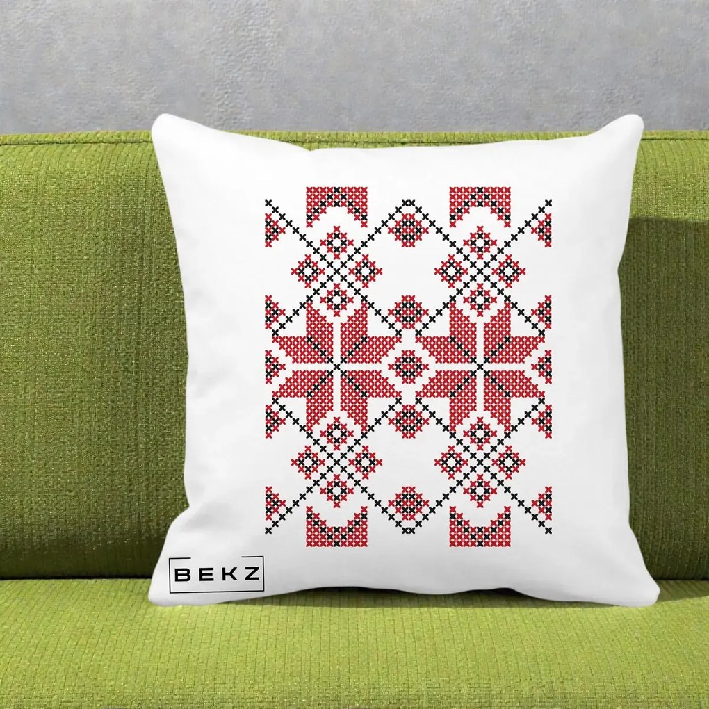 Perna Personalizata Motiv Traditional Cusatura Rosu-Negru, 40x40 cm, Alba Mata, Husa Detasabila, Perna Inclusa, BEKZ®