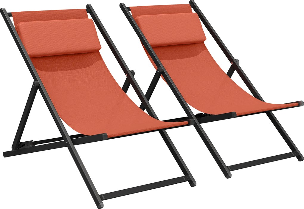 Outsunny Set de 2 șezlonguri, șezlong pliabil cu tetieră din textilene reglabil 60 x 100 x 85 cm, roșu cărămiziu | Aosom Romania