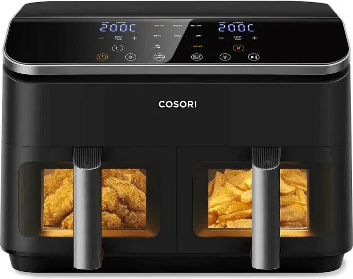 La mâna a doua: Friteuza cu aer cald Cosori Dual Basket CAF-R901-AEU, 1750 W, 8.5 L, 8 programe, Timer, Ecran tactil, Negru