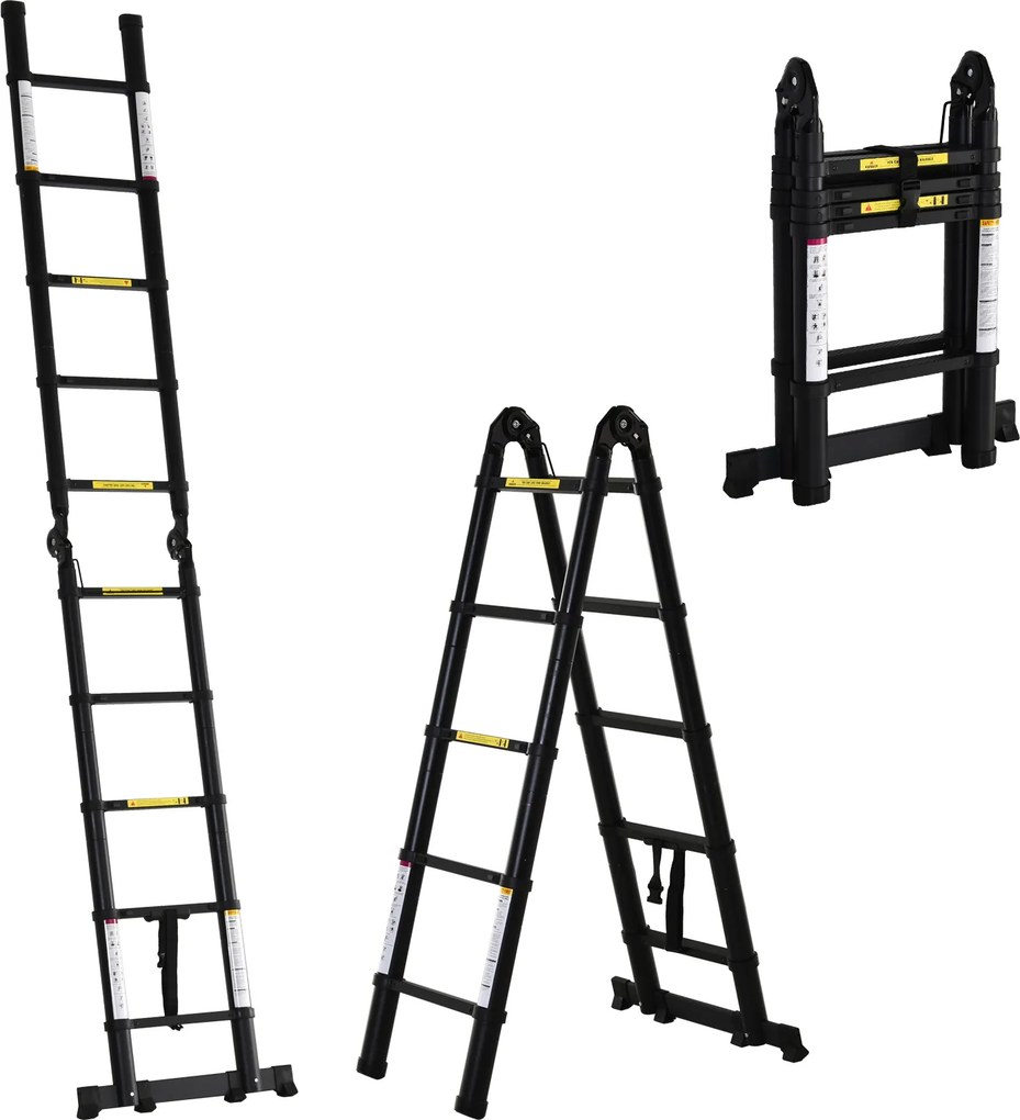 DURHAND Scară Telescopică Pliabilă cu 10 Trepte, Scară Extensibilă din Aluminiu și Metal, 320x67x7 cm, Neagră | Aosom Romania