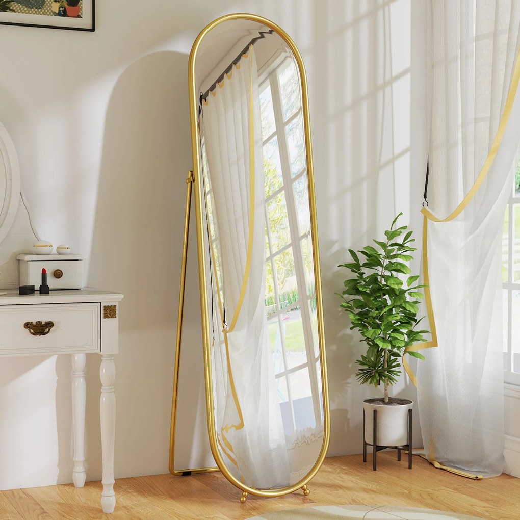 HOMCOM Oglindă Înaltă cu Cadru de Susținere, Oglindă Ovală pentru Dormitor sau Living, 40x4x160 cm, Auriu | Aosom Romania