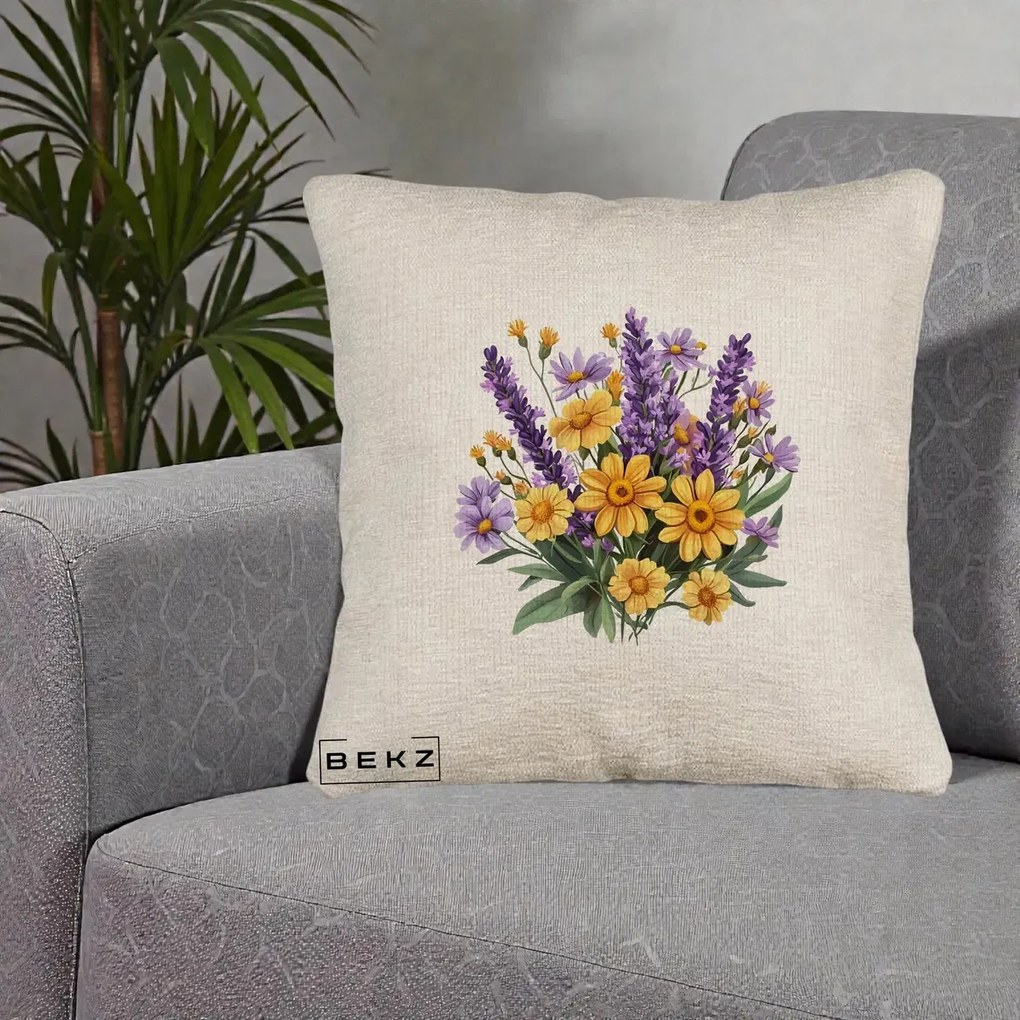 Perna Decorativa Lavanda cu Margarete Galbene si Lila, 40x40 cm, Bej Canapea, Husa Detasabila, Perna Inclusa, BEKZ®