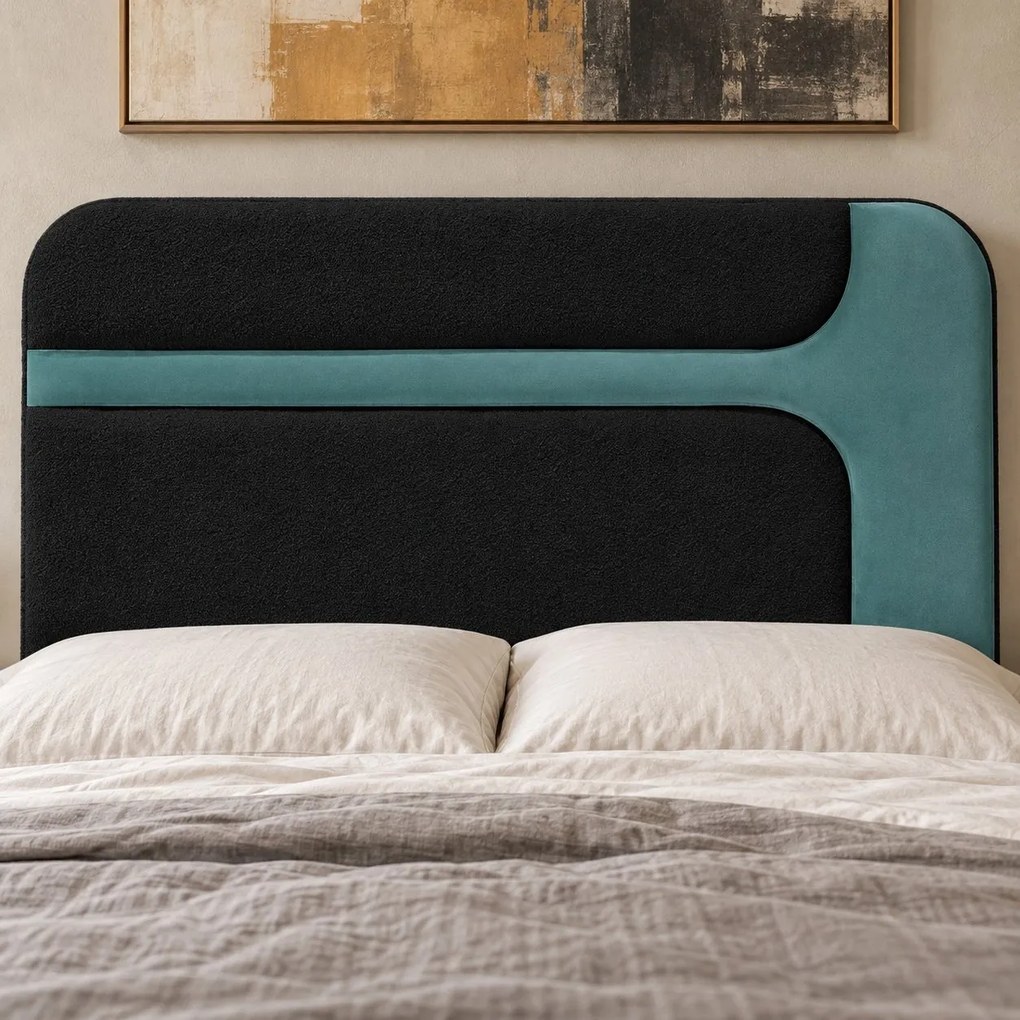 Pat tapițat Isadora 160×200 cm, negru + verde marin, cu ladă de depozitare