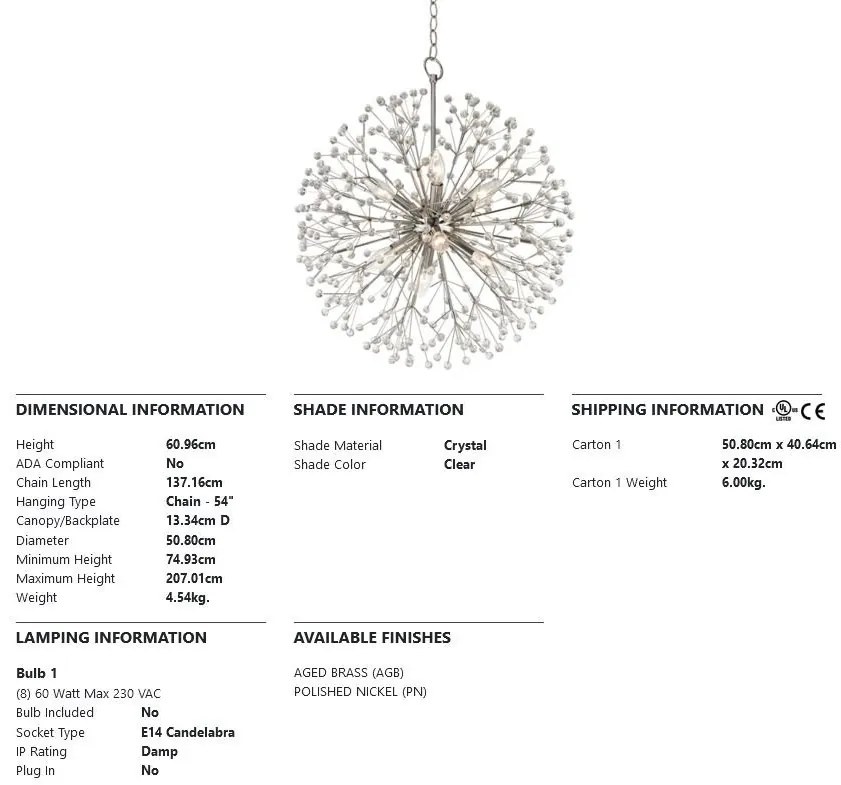 Candelabru LUX design modern DUNKIRK nichel lucios, cu 8 surse de lumina