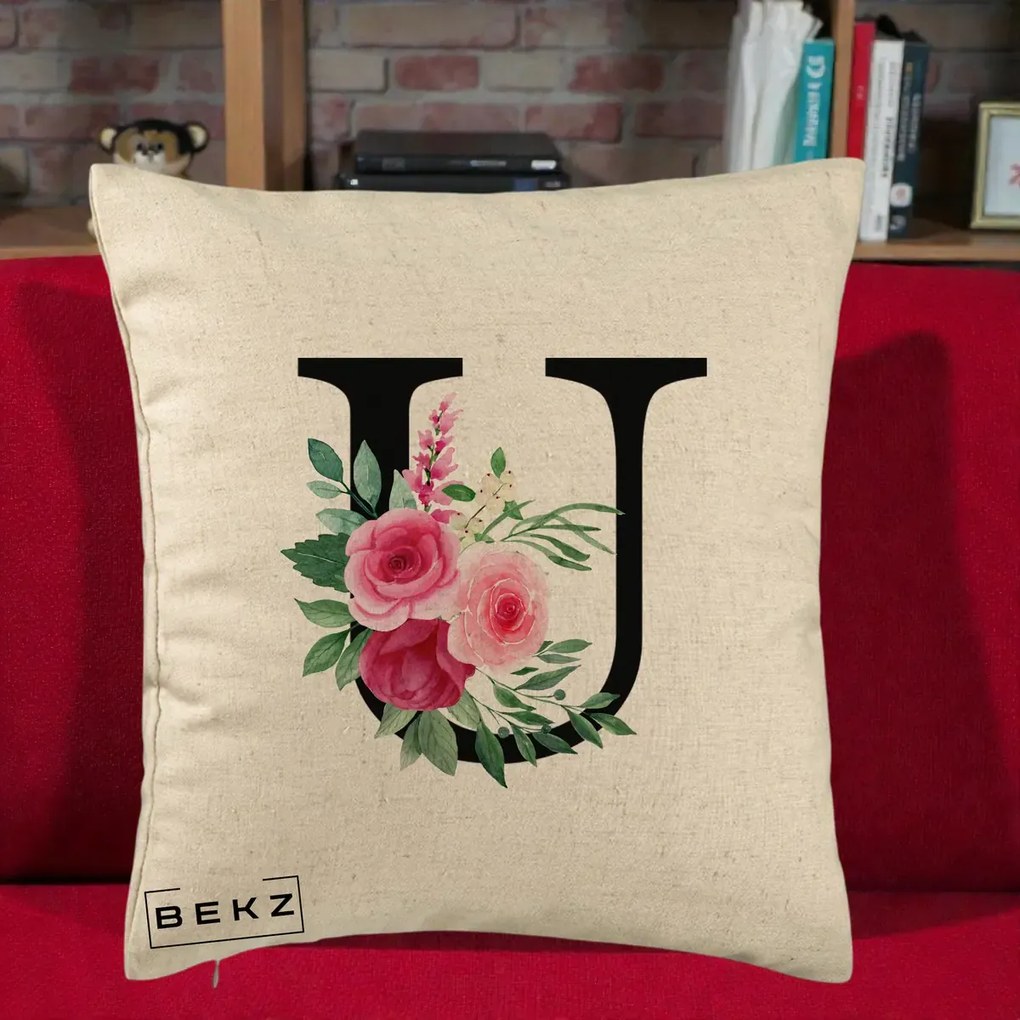 Cadou Personalizat - Perna Personalizata Monograma Florala Litera U, 40x40 cm, Bej, Husa Detasabila, Perna Inclusa, BEKZ®