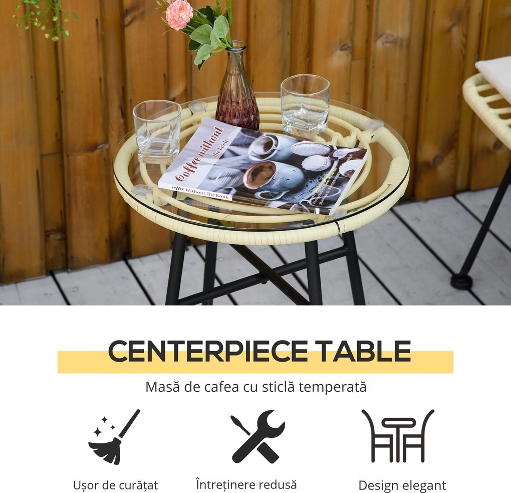 Outsunny Set Mobilier Grădină 3 Piese din Ratan, Salon Exterior cu Măsuță de Cafea și Scaune, Perfect pentru Patio, Bej | Aosom Romania