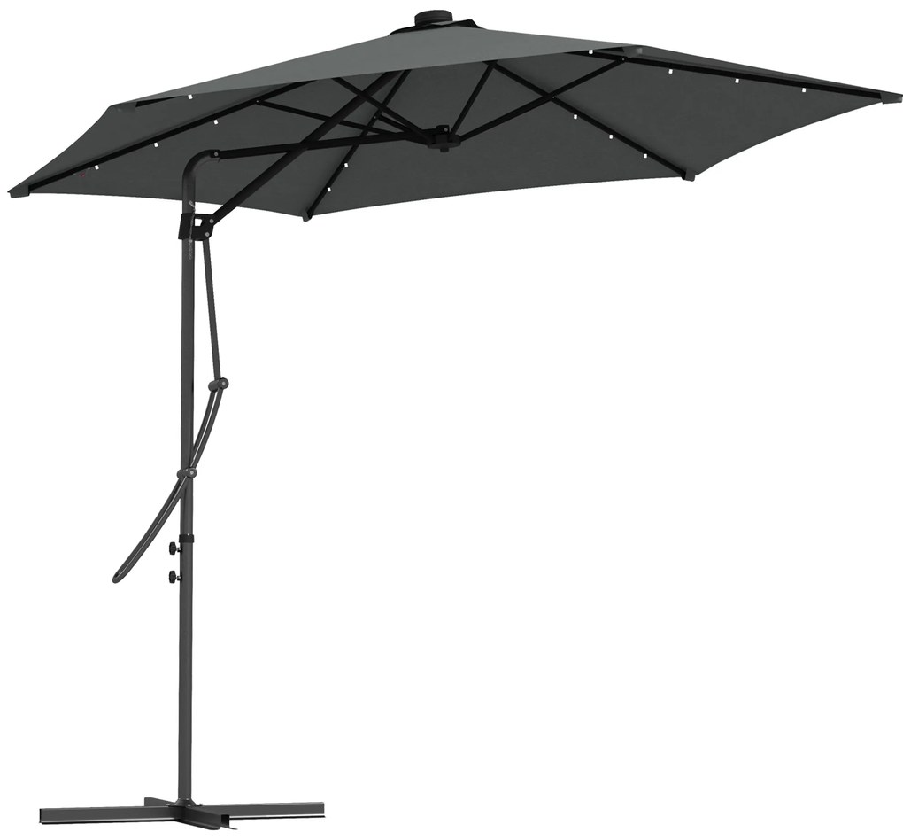 Outsunny Umbrelă Excentrică de 3 m cu Lumini LED cu Manivelă și Bază în Cruce pentru Exterior Patio Terasă Gri Închis | Aosom Romania