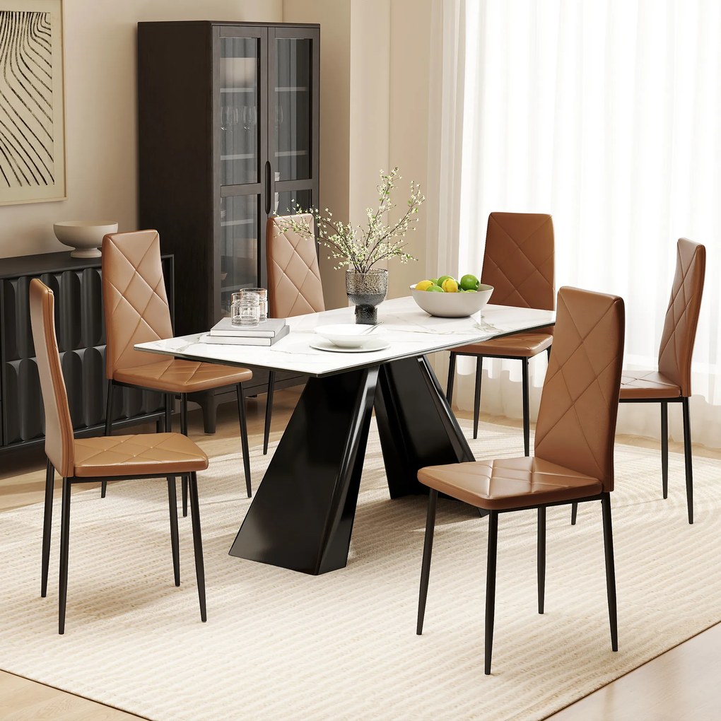HOMCOM Set de 6 Scaune de Dining Moderne cu Spătar Înalt, din Piele Ecologică și Oțel, 41x50x97 cm, Maro | Aosom Romania