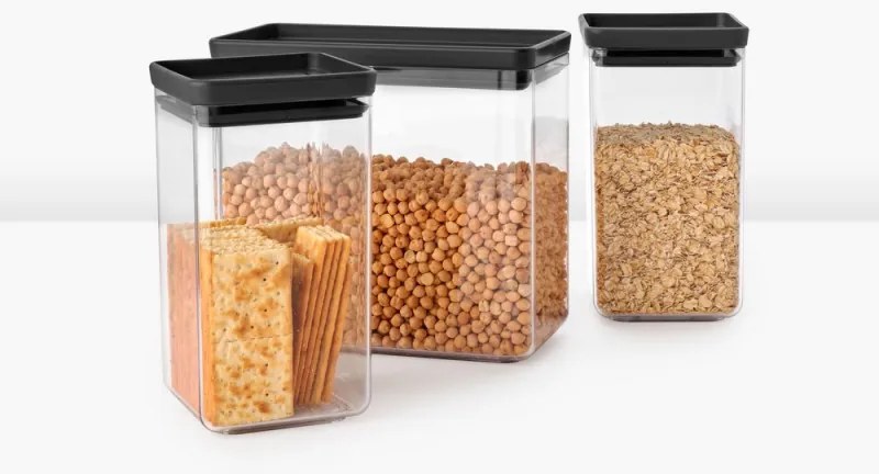 Cutii de depozitare Brabantia Tasty+ Stackable 1008879, 2x1.6L+1x3.5L, Fara BPA, Inchidere stransa, Gri inchis