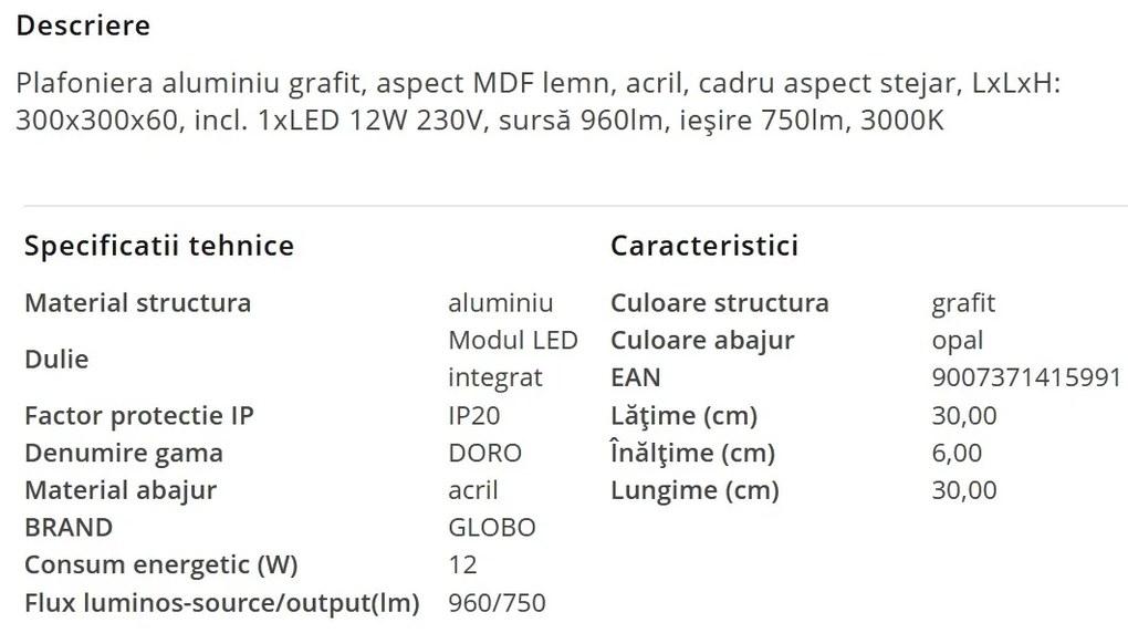 Plafoniera LED cu aspect lemn design slim DORO 12W
