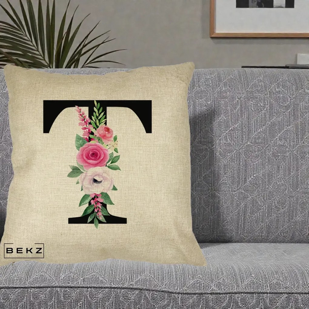 Cadou Personalizat - Perna Personalizata Monograma Florala Litera T, 40x40 cm, Crem, Husa Detasabila, Perna Inclusa, BEKZ®