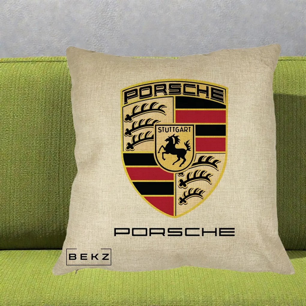 Perna Personalizata Porsche Stuttgart, 40x40 cm, Crem, Husa Detasabila, Perna Inclusa, BEKZ®