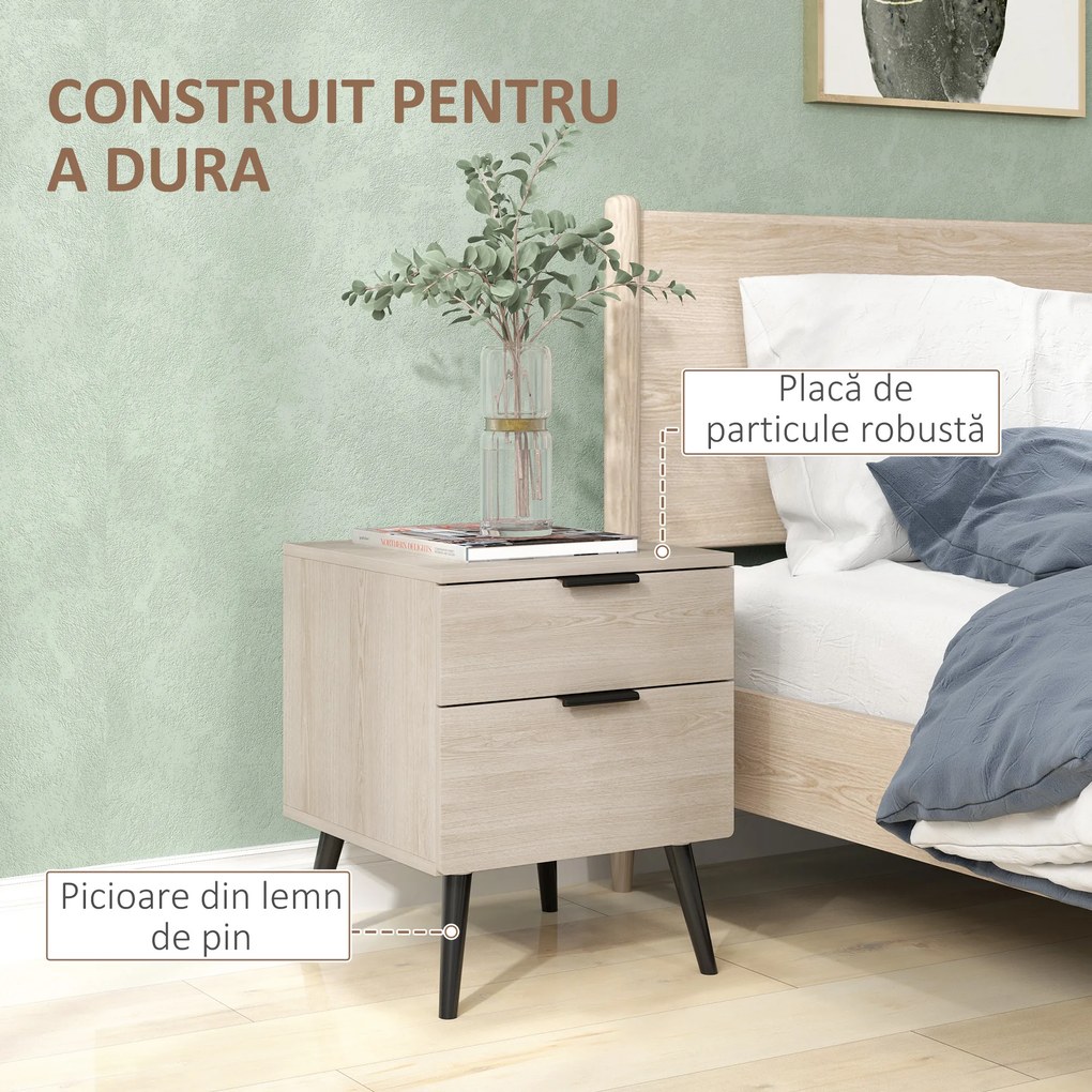 HOMCOM Set de 2 Noptiere cu 2 Sertare pentru Dormitor sau Camera de Zi, 40x40x50 cm, Lemn Natural | Aosom Romania
