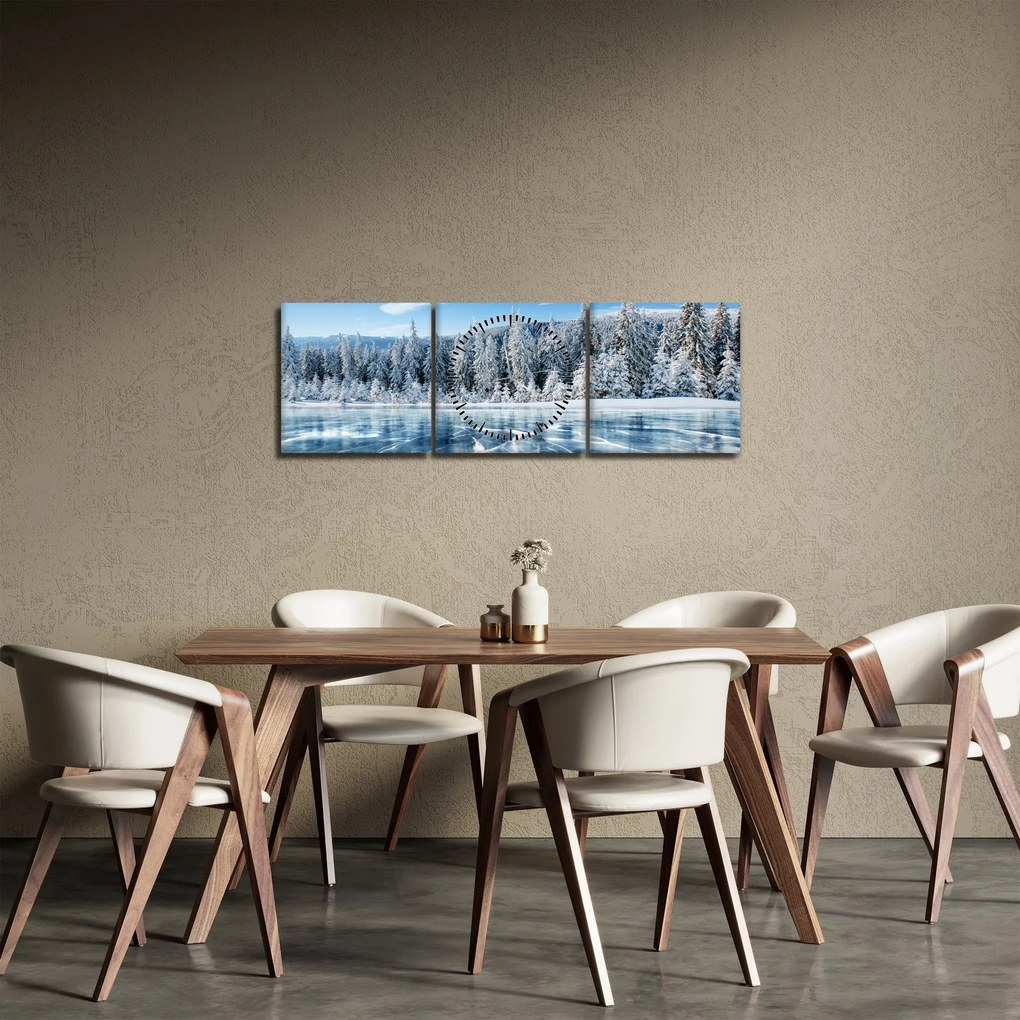 Tablou cu lacul înghețat și copacii înzăpeziți (cu ceas) (90x30 cm)