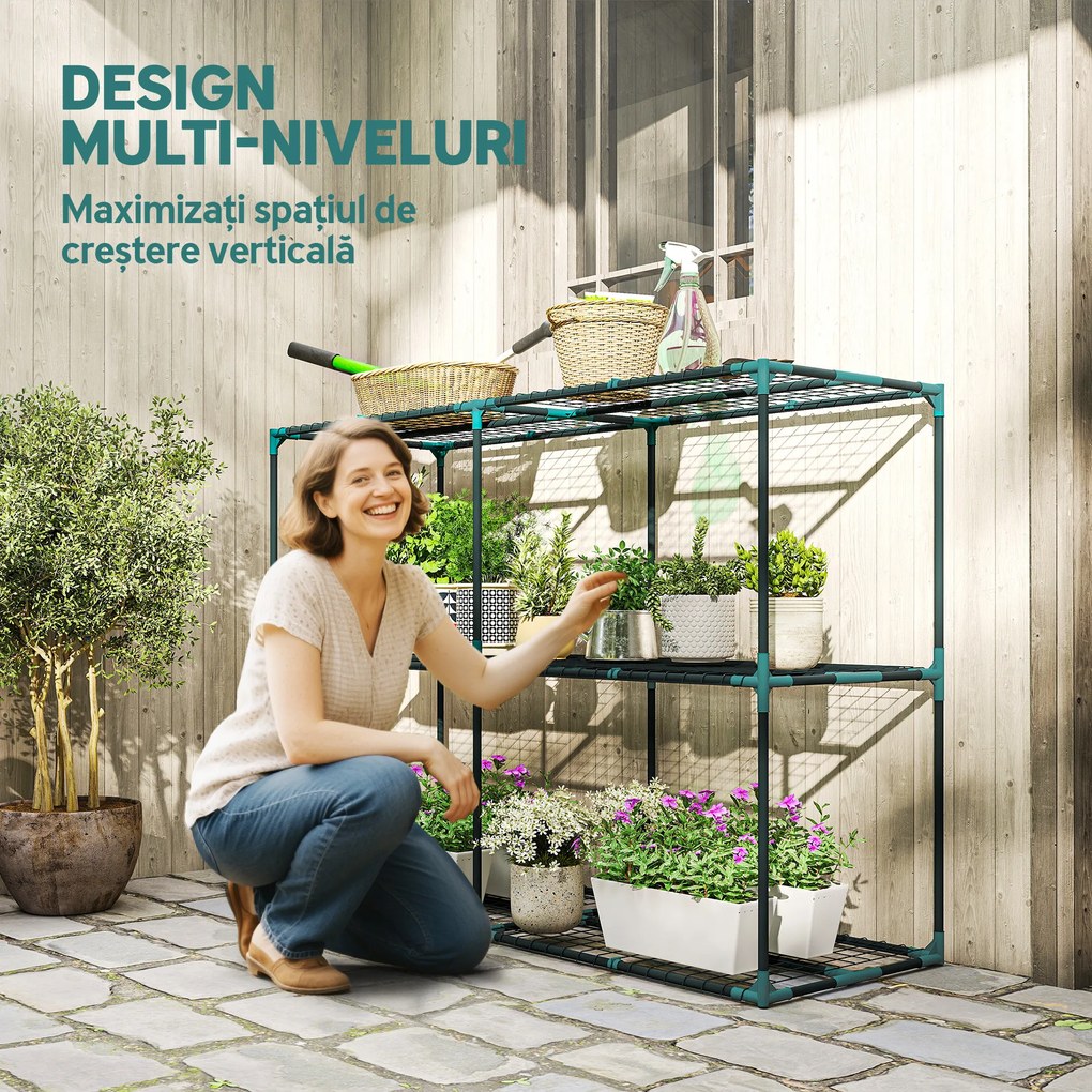 Outsunny Suport Vertical pentru Plante cu 3 Niveluri din Oțel și Plastic, Suport Ghivece pentru Interior și Exterior, Grădină, Balcon, 143x48x100 cm, Verde Închis | Aosom Romania