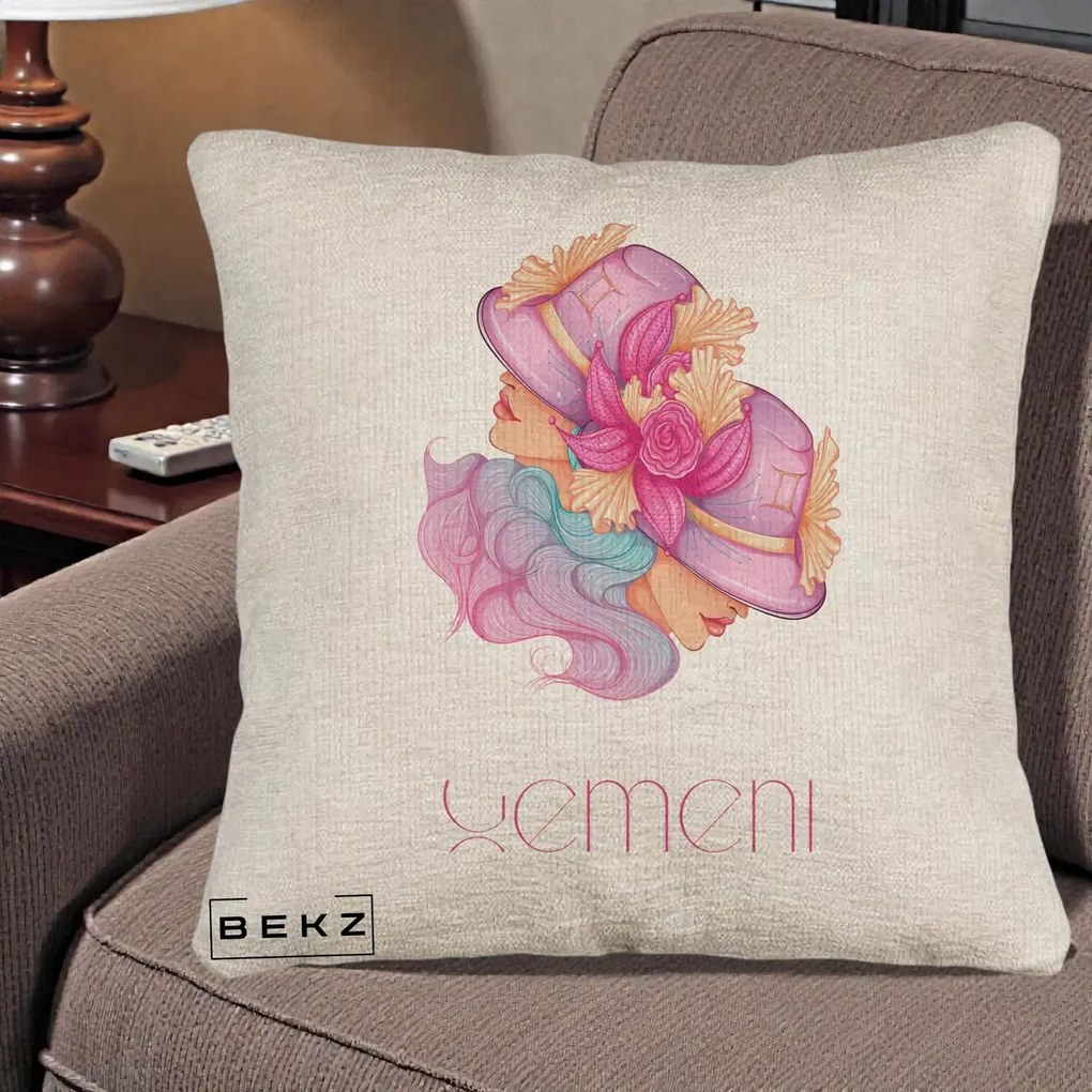 Perna Personalizata Zodie Gemeni, 40x40 cm, Bej Canapea, Husa Detasabila, Perna Inclusa, BEKZ®