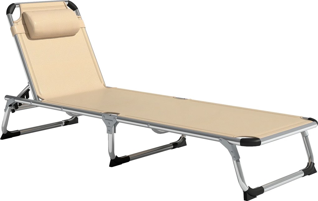 Outsunny Șezlong de plajă, Pliabil cu suport pentru cap, spătar reglabil, aluminiu și textilene, bej | Aosom Romania