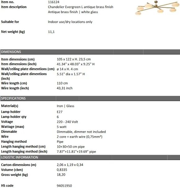 Lustra suspendata dimabila design LUX Evergreen L, alama antica 116124 HZ