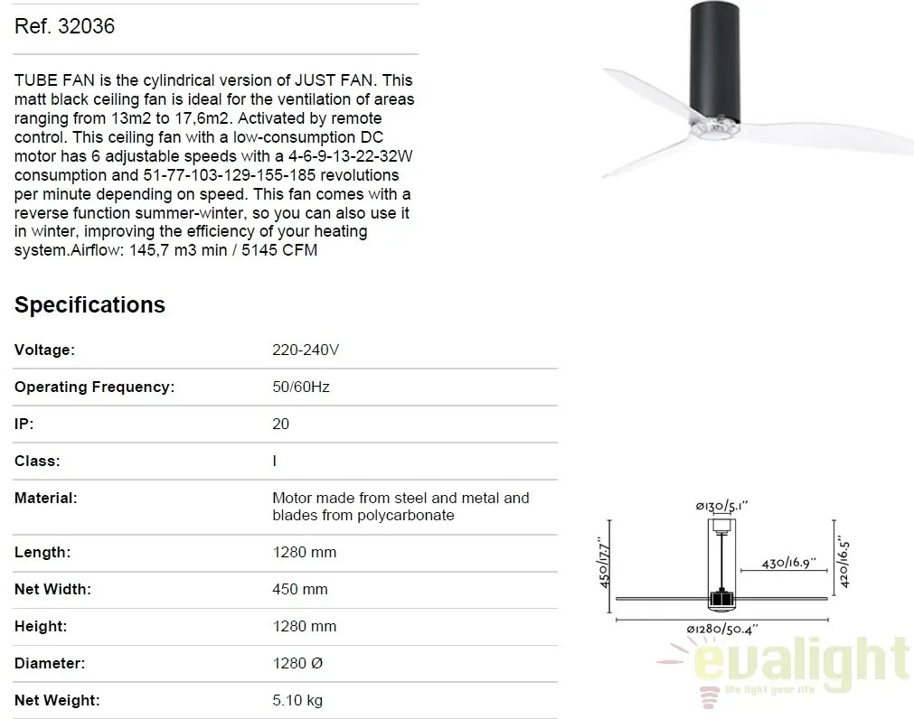 Ventilator cu telecomanda Tube negru mat / transparent 32036