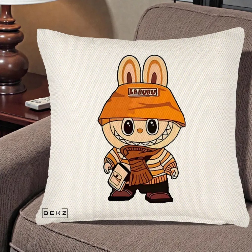 Perna Personalizata Labubu Streetwear Portocaliu, 40x40 cm, Crem Reliefat, Husa Detasabila, Perna Inclusa, BEKZ®