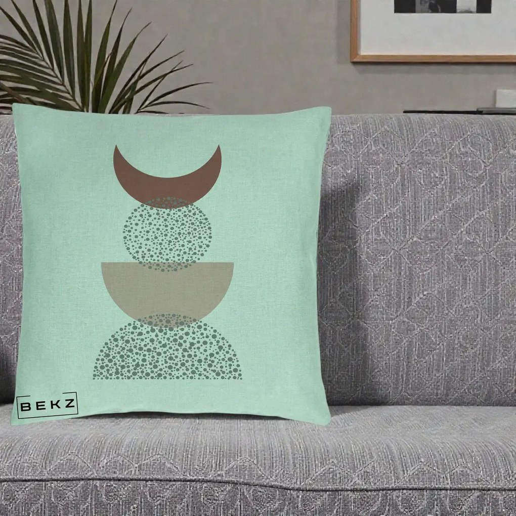 Perna Decorativa Boho Luna Plina si Forme Punctate, 40x40 cm, Verde Menta, Husa Detasabila, Perna Inclusa, BEKZ®