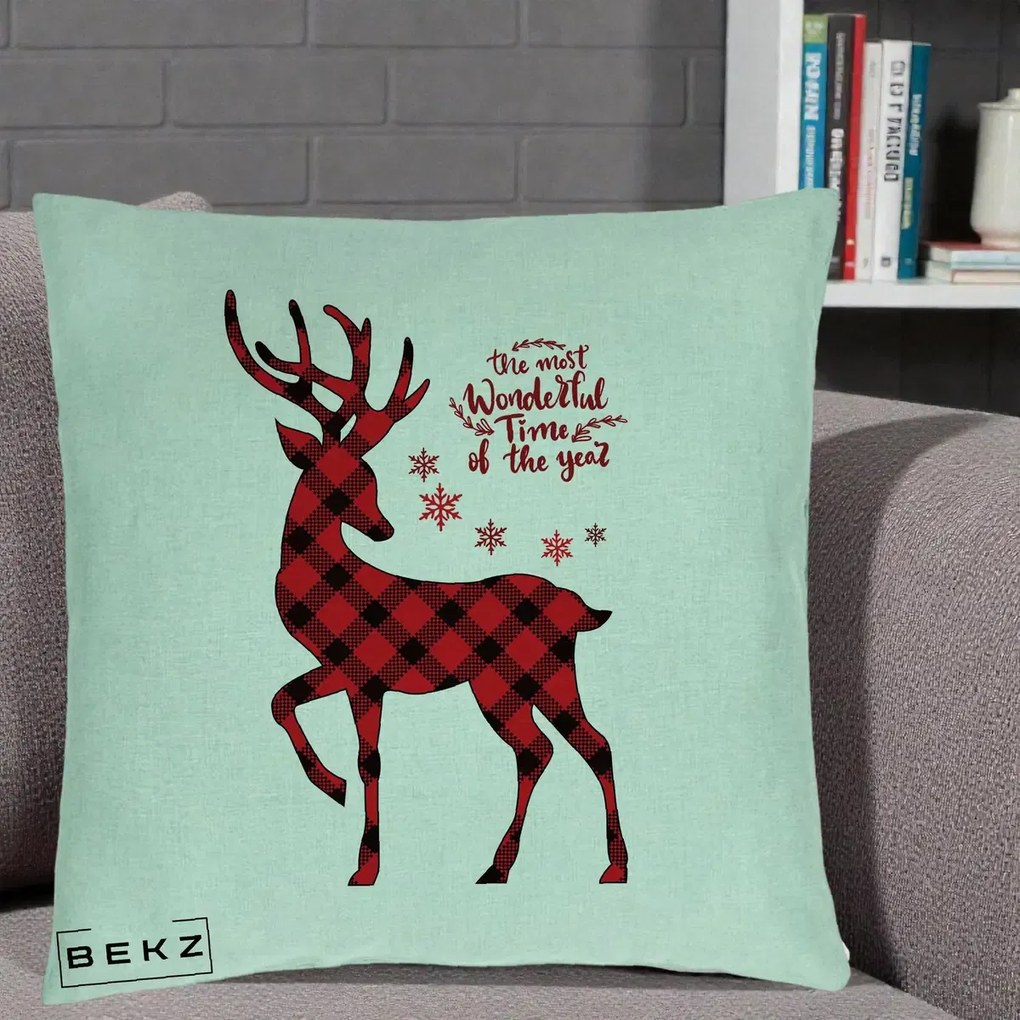 Perna Decorativa Ren Buffalo Plaid Craciun, 40x40 cm, Verde Menta, Husa Detasabila, Perna Inclusa, BEKZ®