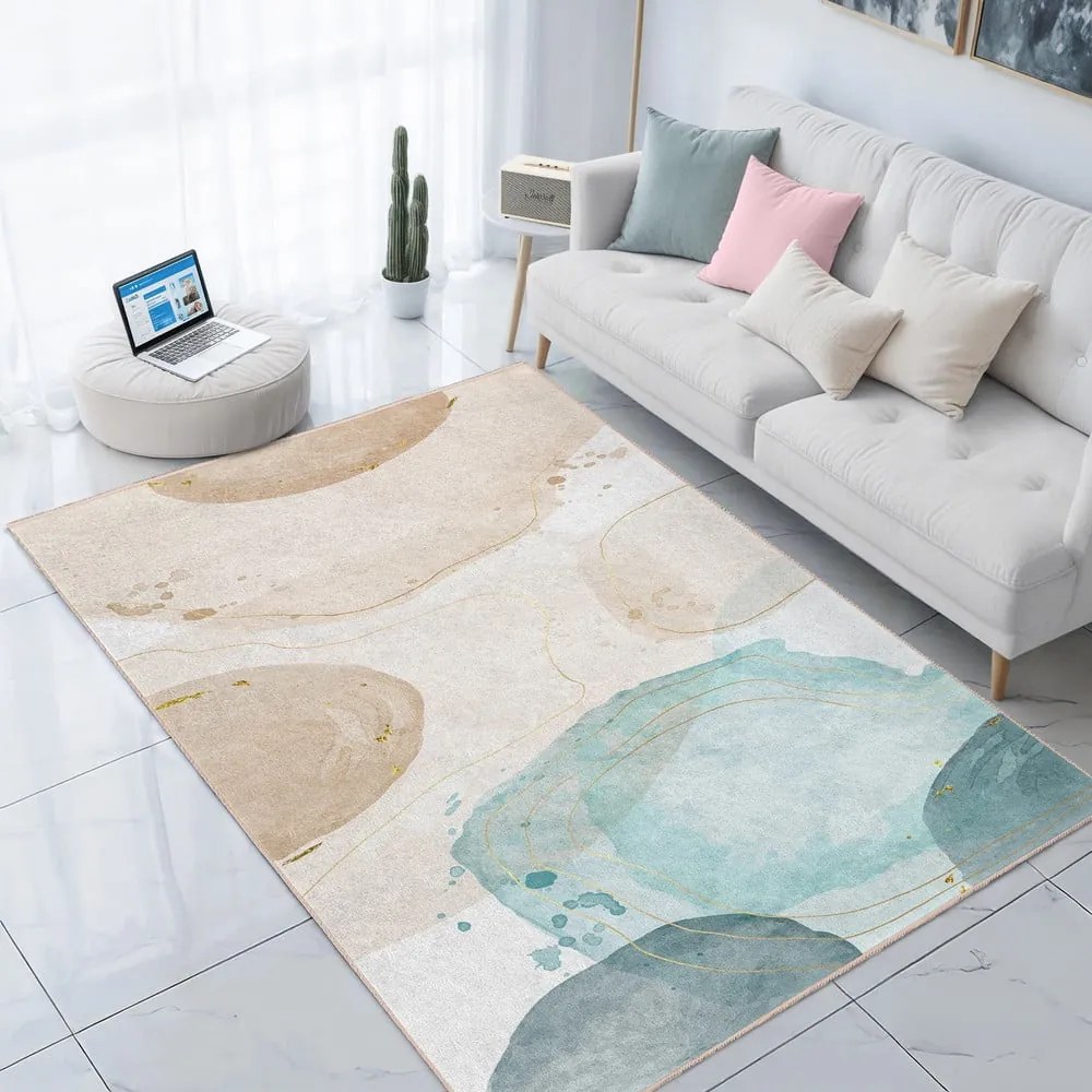 Covor tip traversă crem/turcoaz lavabil 80x200 cm Puddle – Mila Home