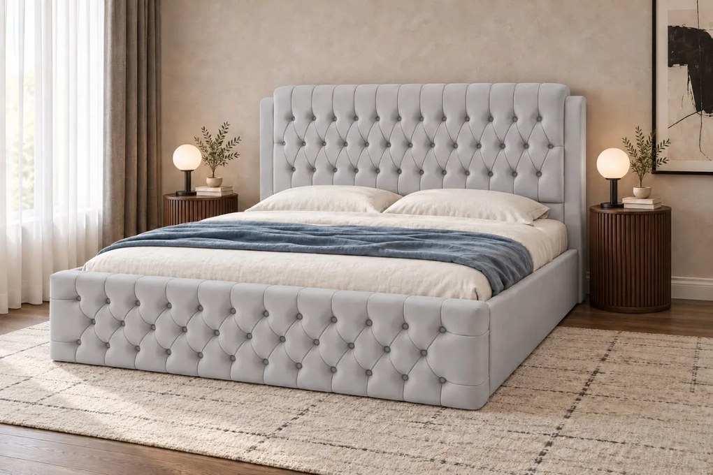 Pat tapițat din catifea Aveline 140×200 cm, gri deschis, cu ladă de depozitare