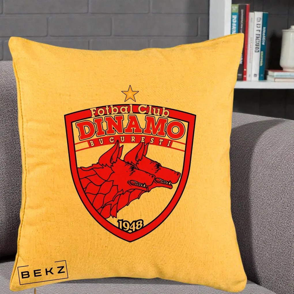 Perna Personalizata FC Dinamo Bucuresti 1948 Fotbal, 40x40 cm, Galben, Husa Detasabila, Perna Inclusa, BEKZ®