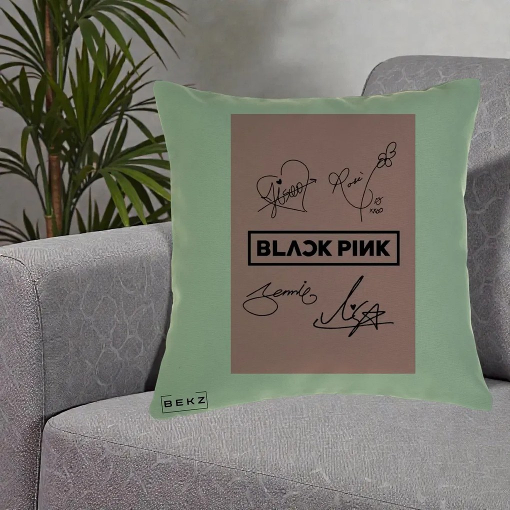 Perna Personalizata K-pop BLACKPINK Semnaturi Roz, 40x40 cm, Verde, Husa Detasabila, Perna Inclusa, BEKZ®